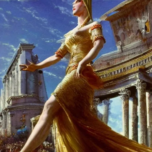 Prompt: nicole kidman is cleopatra being carried into rome, artist thomas kinkade, zaha hadid, glorious, bright sunlight, ancient times,