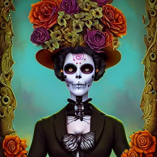 Image similar to Lofi dio de los muertos portrait Pixar style by Joe Fenton and Stanley Artgerm and Tom Bagshaw and Tim Burton