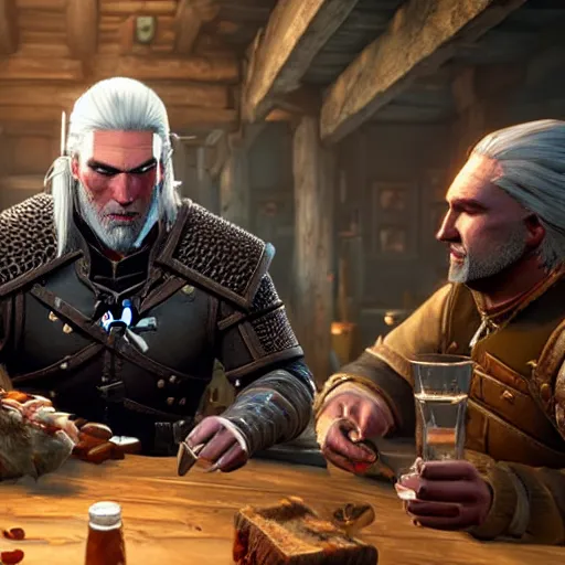 Prompt: geralt eating beans in a tavern, witcher 3 in game screenshot, epic composition