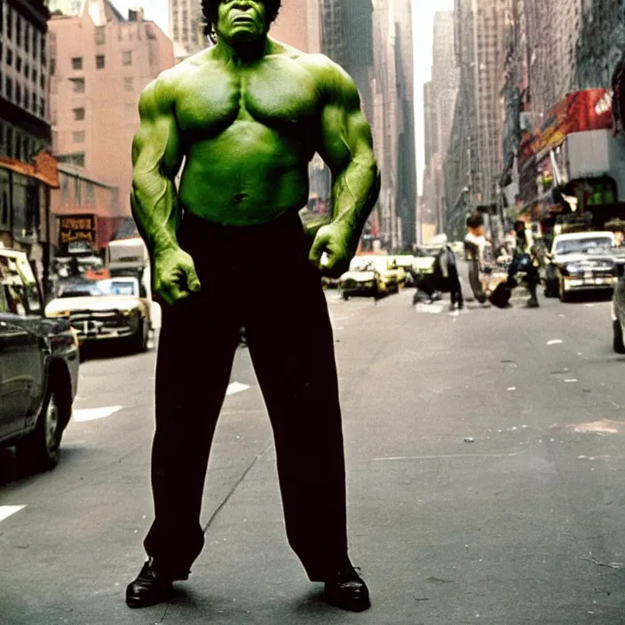 Image similar to a color photo portrait of the incredible hulk looking angry in new york city by richard avedon dramatic lighting.
