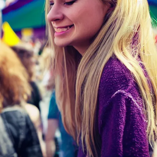 Image similar to ultra high resolution close - up of a very beautiful young woman with blond long hair, making up, standing in crowd of music festival, looking down at the camera. her face is partially obscured by a purple scarf, and she has a lovely smiling expression. the light is dim, and the colours are muted. kodak etkar 1 0 0.