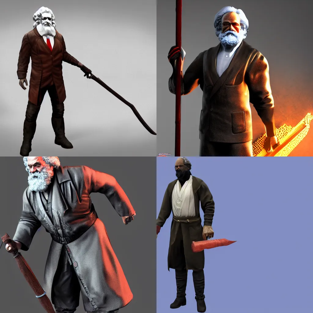 Prompt: Karl Marx holding a hammer and a sickle, mortal Kombat concept art, 3d render