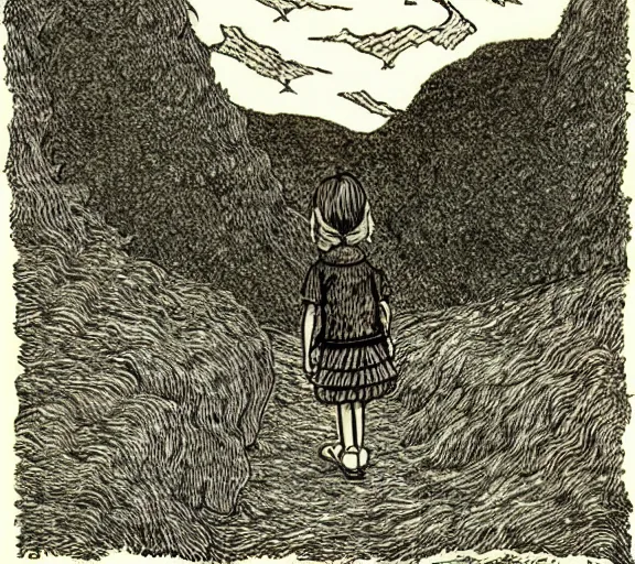 Prompt: a lost child wanders over a volcano, art by Edward Gorey,