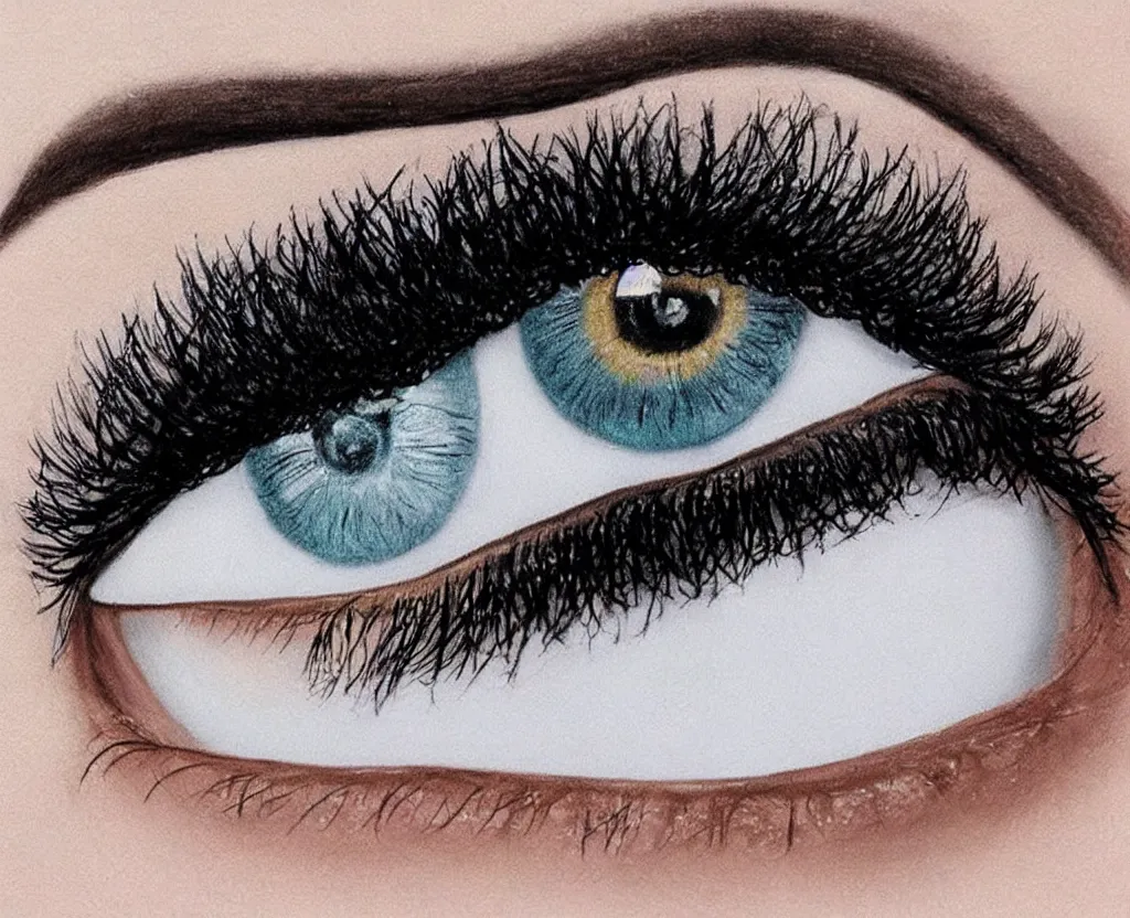Image similar to realistic and detailed soft airbrush of female eye with eyeliner and long lashes on white background, inspired by 8 0's airbrush illustrations, art by masao saito