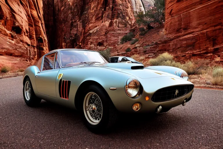 Prompt: cinematography Ferrari 250 GTO series 2 in Zion national park by Emmanuel Lubezki