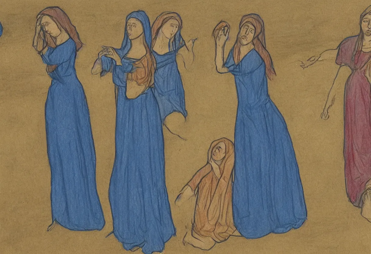 Prompt: a drawing of 3 maria's with blue dresses in a landscape crying at the death of christ