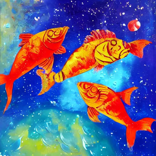 Prompt: fish floating in space, impasto painting