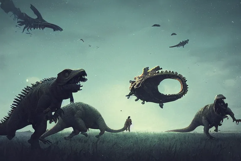 Image similar to Strange creatures roam across the alien world, dinosaurs flying over the land, alien landscape, telephoto lens, dramatic, atmospheric, cinematic, ultra-detailed, realistic, by Ismail Inceoglu, by Wojciech Siudmak