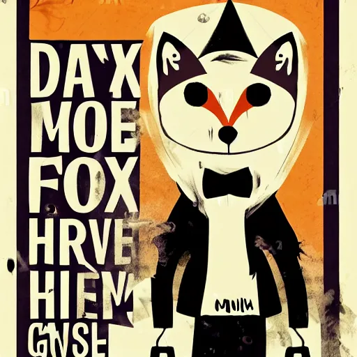 Image similar to movie poster for a horror movie featuring an anthropomorphic male fox dressed in casual clothing, dark and spooky Halloween theme