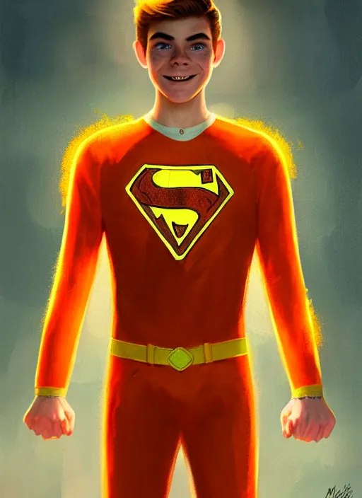 Image similar to friendly teenage archie andrews wearing an orange superhero costume, freckles, superhero costume with heart emblem, cape, intricate, elegant, glowing lights, highly detailed, digital painting, artstation, sharp focus, illustration, art by wlop, mars ravelo and greg rutkowski