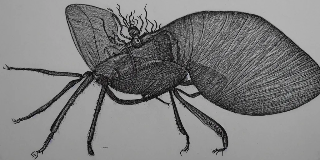 Prompt: pencil drawing of an insect, abstract, surrealism, hyper detail, line art