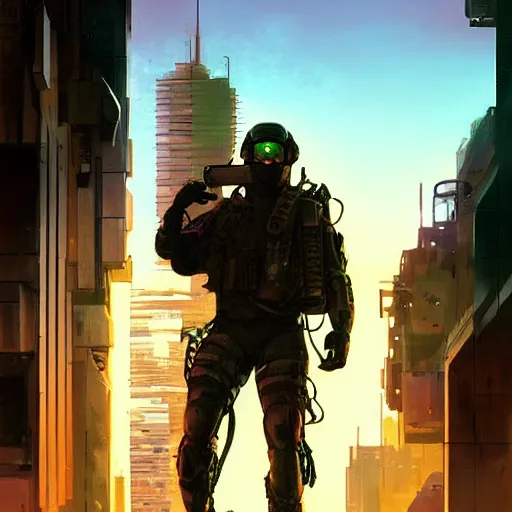 Image similar to Arthur. USN special forces futuristic recon operator, cyberpunk headset, on patrol in the Australian autonomous zone, deserted city skyline. 2087. Concept art by James Gurney and Alphonso Mucha