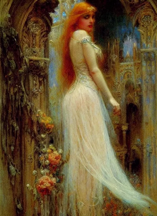 Image similar to vertical prtrait of a gothic princess. by gaston bussiere