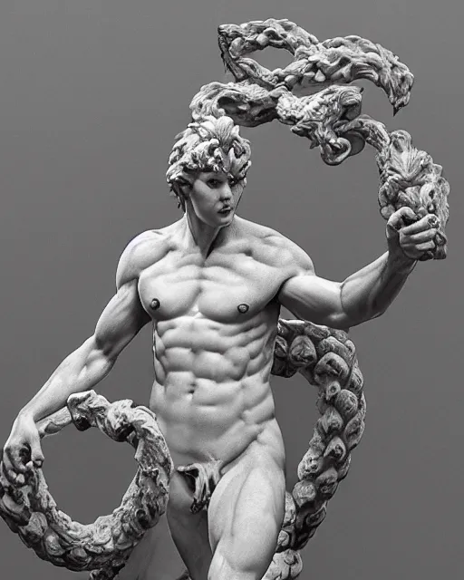 Image similar to an old marble statue of a hydra from herculean myths, hyper realistic, 4 k, grainy marble, hyper detailed