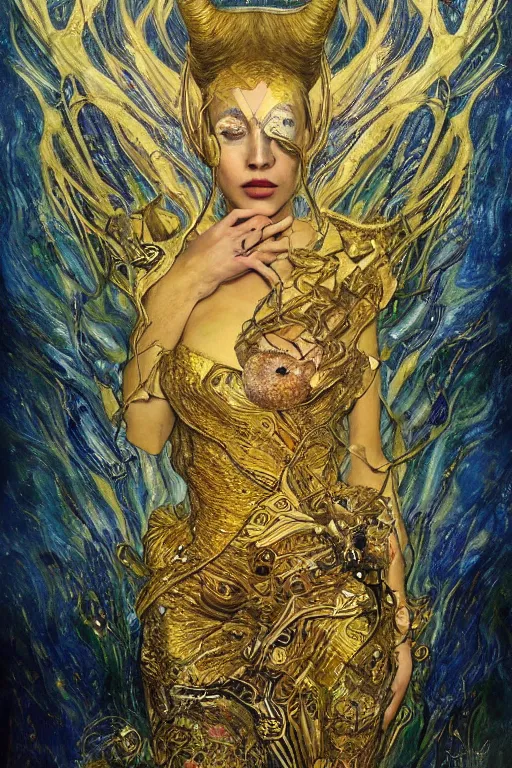 Image similar to Intermittent Chance of Chaos Muse by Karol Bak, Jean Deville, Gustav Klimt, and Vincent Van Gogh, trickster, enigma, Loki's Pet Project, destiny, Poe's Angel, Surreality, creativity, inspiration, muse, otherworldly, fractal structures, arcane, ornate gilded medieval icon, third eye, spirals