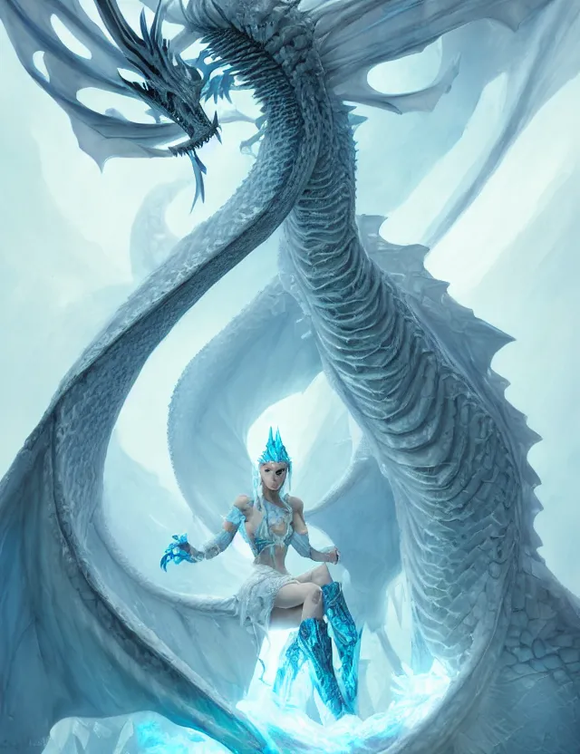 Image similar to portrait of the ice dragon queen, greg rutkowski, greg tacchini, james willard, joe fenton, kete butcher, dynamic lighting, gradient light blue, brown, light cream and white colors, oil aesthetics