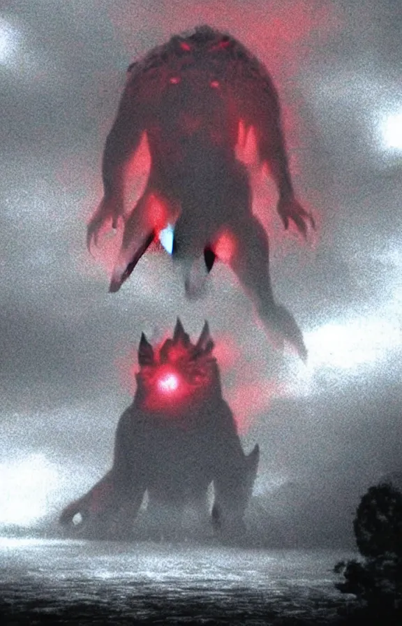 Image similar to very low - resolution found footage of a kaiju monster, fog, foggy, video compression, red hue, thriller, underdeveloped, flare, epic, dramatic