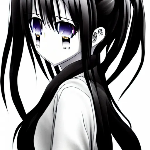Image similar to black and white twintails girl crying, tears, black and white, 2 d art, manga art, headshot, twintails