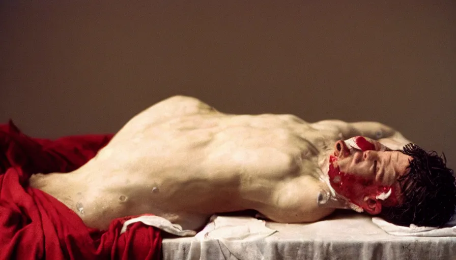 Image similar to movie still of jean - paul marat a wound at the chest, bleeding in the bath, cinestill 8 0 0 t 3 5 mm, high quality, heavy grain, high detail, cinematic composition, dramatic light, anamorphic, ultra wide lens, hyperrealistic, by martin schoeller