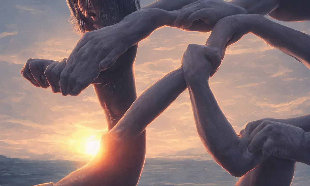 Prompt: illustration strong realistic hands and interlocking arms against a background of sillicon chip blood vessels sunset at sunset in the style trending on artstation cinematic