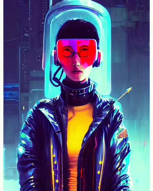 Image similar to detailed portrait of European Dispatcher Pilot girl Sheen Holographic coat, Futuristic sci-fi fashion Akira, Evangelion, cyberpunk, neotokyo, synthwave, aesthetics, futuristic, bladerunner movie scene by ismail inceoglu dragan bibin hans thoma greg rutkowski Alexandros Pyromallis Nekro Rene Margitte illustrated Perfect face, fine details, realistic shaded, fine-face, pretty face sharp chine