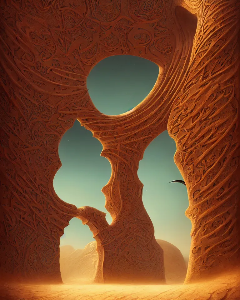 Prompt: a surreal islamic style ornamental gate in the desert opens into an other dimension with different alien landscape. by vincent di fate and james jean. ornament, intarsia, portal, doorway, dynamic lighting, ambient lighting, atmospherical, photorealistic fantasy concept art, trending on art station, stunning visuals, creative, cinematic, ultra detailed