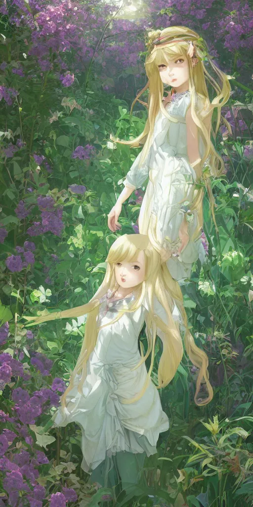 Image similar to a digital art of a loli with long hair in a dress in the privet garden at after noon, green and warm theme, back lighting, by krenz cushart and mucha and akihito yoshida and greg rutkowski and makoto shinkai, geometric shapes, hard edges, extremely long shot, detailed eyes, 4 k resolution, trending on art station