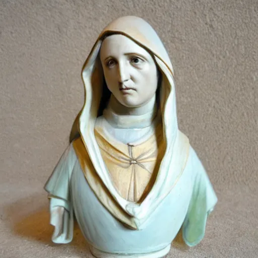 Image similar to holy roman chalkware bust virgin Mary antique painted sacred Catholic pearlescent coloring