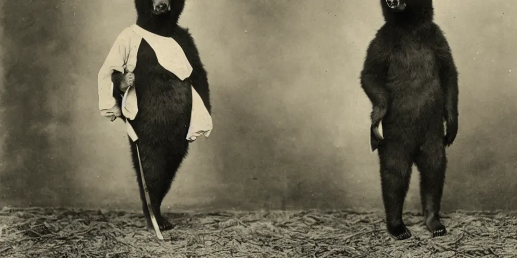 Image similar to anthropomorphic asian black bear in cosplay, 1900s photo