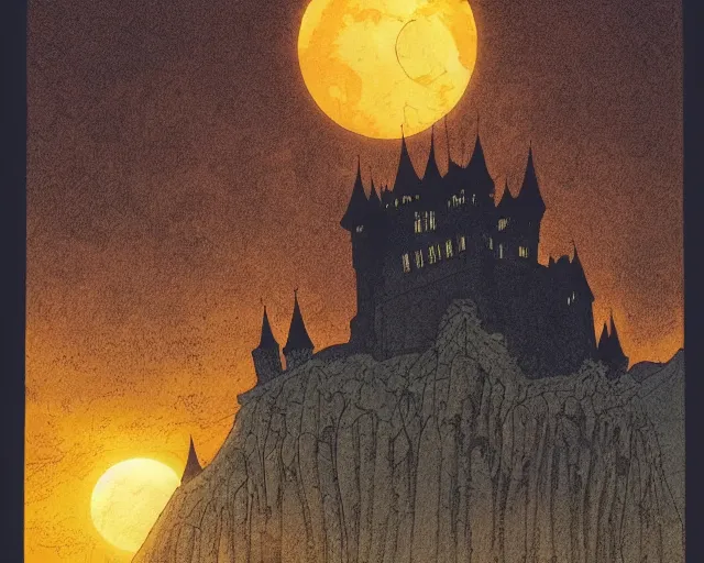 Image similar to dracula's castle rising up from the mist at night silhouetted by a single huge bloodmoon by arthur adams and moebius and chip zdarsky, stunning, comic, pen and ink, slash page, highly detailed