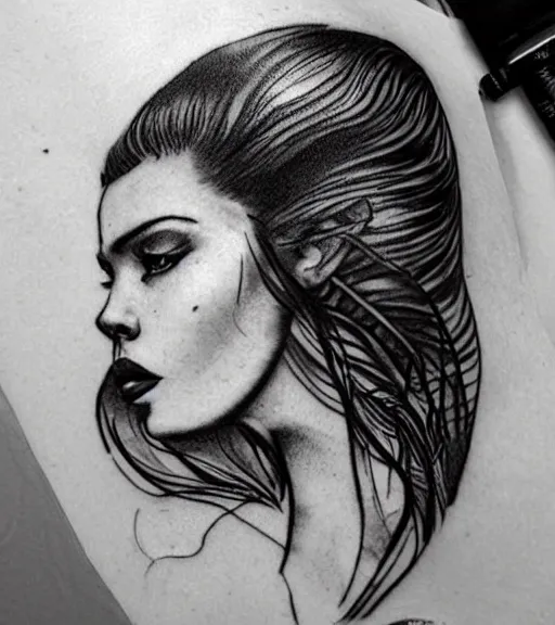 Image similar to tattoo design sketch of a beautiful woman face against a background of beautiful nature, hyper - realistic, in the style of den yakovlev, amazing detail, black and white