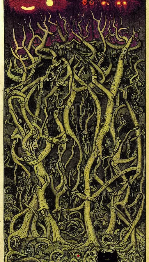 Prompt: a storm vortex made of many demonic eyes and teeth over a forest, by ivan bilibin,