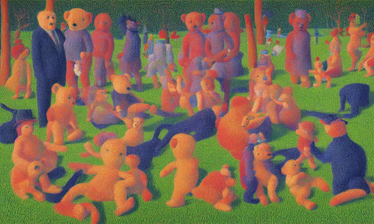 Image similar to a teddy bear birthday party, from the terrifying and incomprehensible beyond, body horror, by david hockney, seurat technicolor