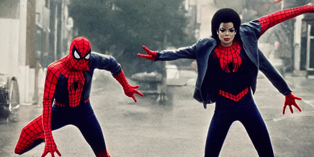 Image similar to Michael Jackson Bad 1980s wears a Spider-Man costume without a mask, Sony, michael jackson movie poster, MCU, Marvel, ultra realistic, 4K, movie still, UHD, sharp, detailed, cinematic, render, modern