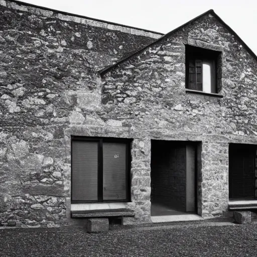 Prompt: scottish blackhouse designed by le corbusier. fujinon premista 1 9, 4 5 mm