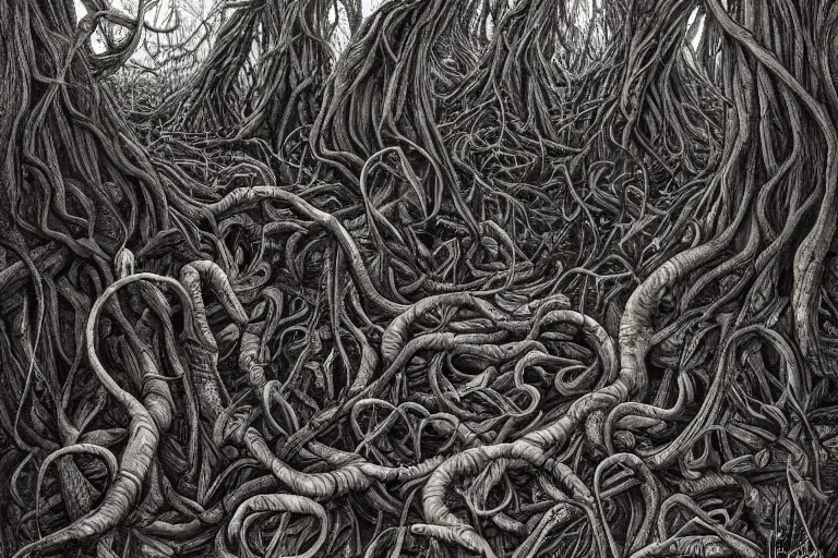 Image similar to an eerie insanely detailed forest of the soul, ambiguous, symbolic, eyes of strange creatures hiding in the dark, skulls and bones of animals, snakes and vines and cobwebs and old trees, a glimpse of hope, ink and ballpoint, inspired by claire scully and evan cagle and simon prades