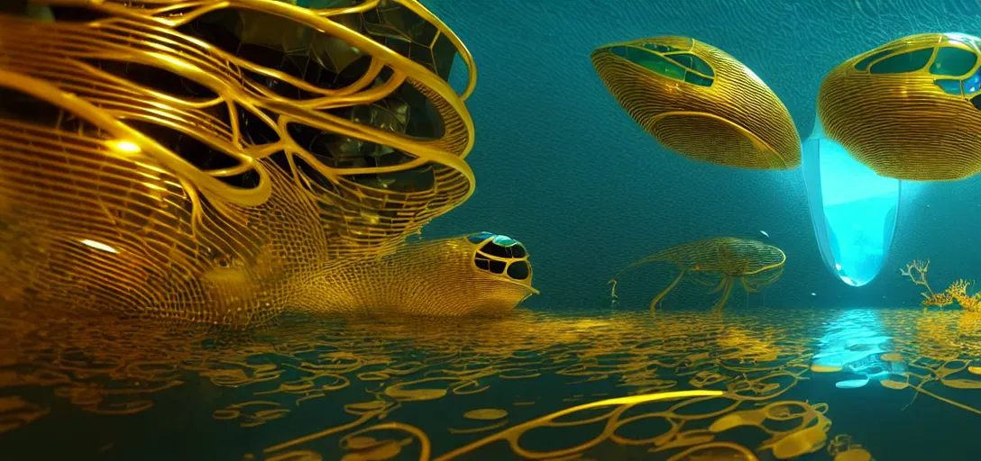 Image similar to underwater futuristic golden organic buildings by antoni gaudi and zaha hadid, underwater light rays, bubble columns, mutant whales, alien jellyfish, colorful coral algaes forest, subsurface scattering, golden ratio, rule of thirds, octane render isotropix materialx osl redshift arnold unreal engine, hyper detailed, sharp focus