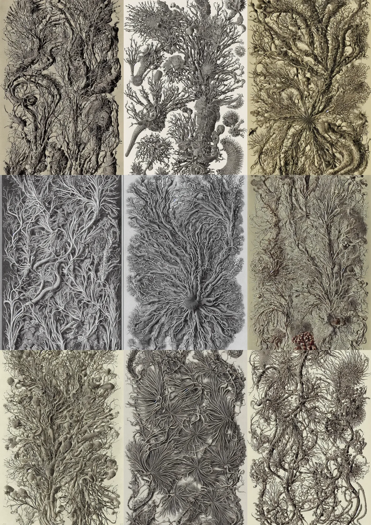 Prompt: elaborate natural illustrations by ernst haeckel of the biological world, nervous systems, animal kingdom