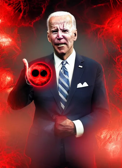 Image similar to hyper realistic ultra realistic horror terror dimensional photo furious glowing red eyes biden, high quality photo, detailed , 8k