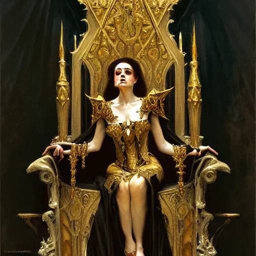 Image similar to full body portrait of beautiful vampire queen in gold gothic robes sitting on a throne of bones, elegant, highly detailed painting by gaston bussiere, craig mullins, j. c. leyendecker, 8 k, mid shot