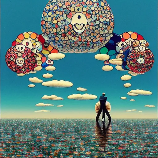 Image similar to a man walking on clouds away from the camera above a lake by takashi murakami, beeple and james jean, aya takano color style, 4 k, super detailed, modern, 4 k, symmetrical