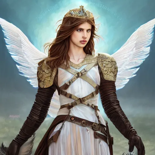 Image similar to portrait of young aasimar angel girl maiden wearing comfy leather armor with beautiful feathered angel wings, cute face, brown eyes, Alison Williams, Emma Roberts, by artgerm and greg rutkowski and alphonse mucha and andrei riabovitchev, 4k oil on linen, vivid colors, colorful, photorealistic, high dynamic range, HDR, intricate, elegant, highly detailed, digital painting, artstation, concept art, smooth, sharp focus, illustration, mid-shot, medium shot, hyperdetailed