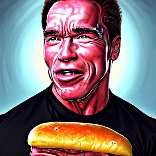 Prompt: portrait of arnold schwarzenegger licking pepperoni rolls, pepperoni culture, west virginia, extra onions and ketchup, luscious patty with sesame seeds, feminine ethereal, delicate fingers, subsurface scattering skin, handsome, D&D, fantasy, intricate, elegant, highly detailed, digital painting, artstation, concept art, matte, sharp focus, illustration, art by Artgerm and Greg Rutkowski and Alphonse Mucha