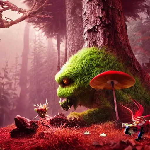 Image similar to a nature photo of a cute fury monster eating bugs for lunch while sitting on a red mushroom in the fantasy forest, extremely detailed, wide shot, sharp and detailed, Octane render