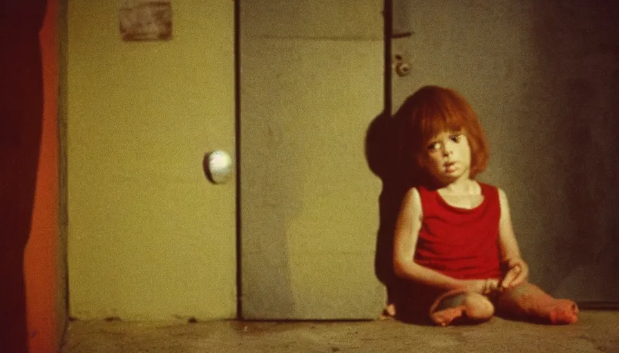 Image similar to 7 0 s film still from a horror movie about a child trapped in a basement, kodachrome, cinecolor, cinestill, film grain, film texture, retro, cinematic, high resolution, photorealism,