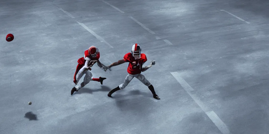 Image similar to ”player throwing the ball while being violently tackled, futuristic american football played on a metal floor in a closed arena with a chrome ball, [scifi, sports, retrofuturistic, ramps, painted lines on the floor, octane render, realistic, detailed, photography]”