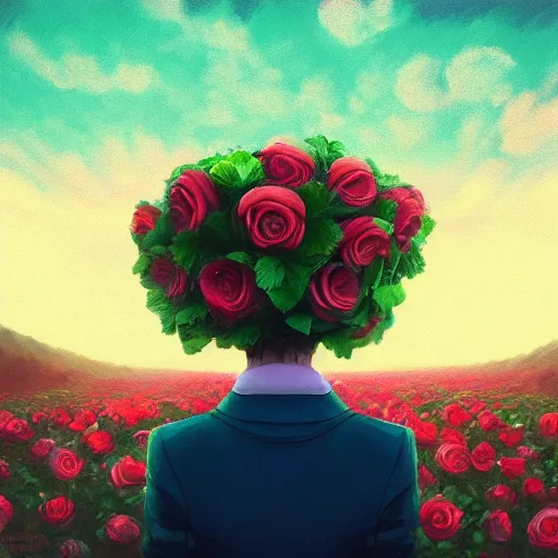 Image similar to closeup, giant rose flower head, frontal, girl in a suit, surreal photography, sunrise, dramatic light, impressionist painting, digital painting, artstation, simon stalenhag