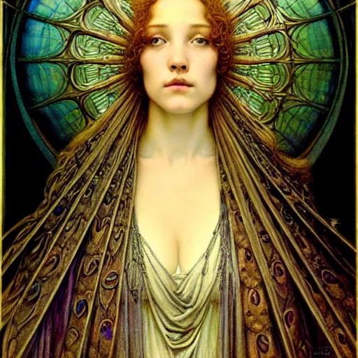 Image similar to detailed realistic beautiful young radiant medieval queen portrait by jean delville, gustave dore and marco mazzoni, art nouveau, symbolist, visionary, gothic, pre - raphaelite, horizontal symmetry