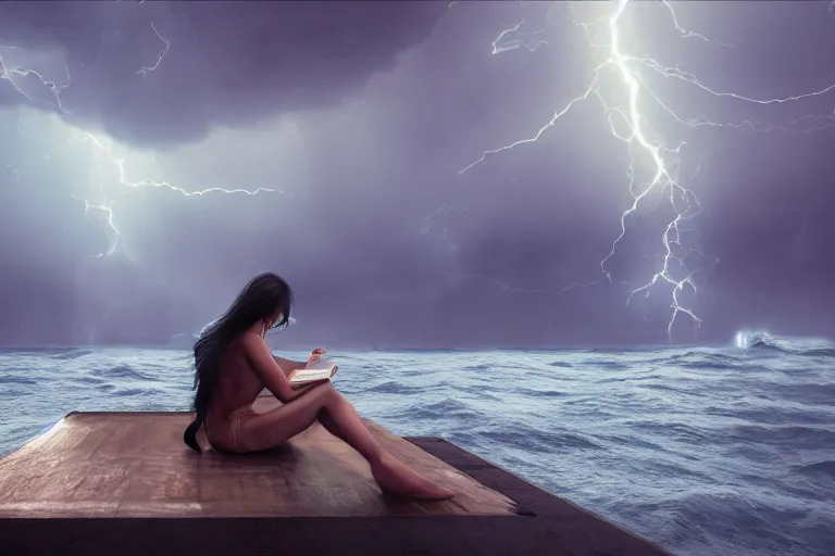 Image similar to A beautiful woman sitting on a giant open book in the middle of the ocean during a storm, dramatic lighting, cinematic, 8k HDR, highly detailed, high quality, octane render, unreal engine 5, path tracing, turbulent sea, concept art, trending on Artstation