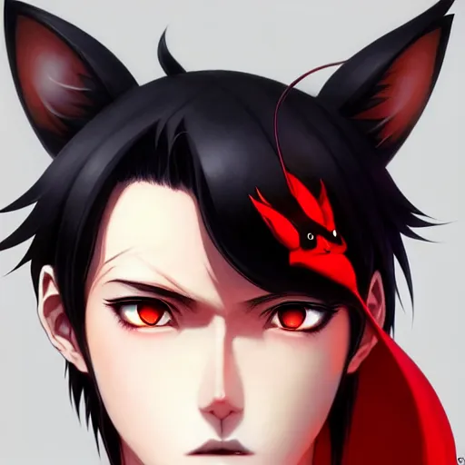 Image similar to anime portrait of a slick black hair guy with red eyes and fox ears by stanley artgerm lau, wlop, rossdraws, james jean, andrei riabovitchev, marc simonetti, and sakimichan, trending on artstation